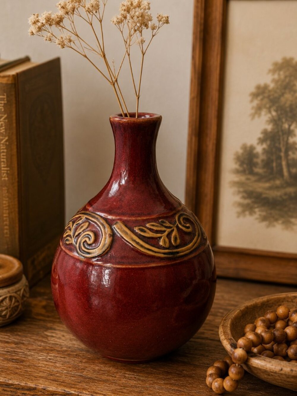 Vintage Red Glazed Pottery Bud Vase / Decorative Ceramic Vessel